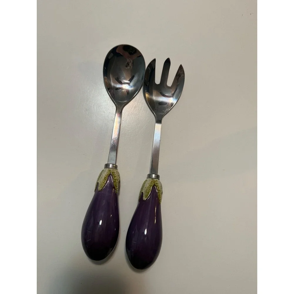 Stainless Steel Eggplant Salad Servers Set Purple Vegetable Handle Spoon Fork